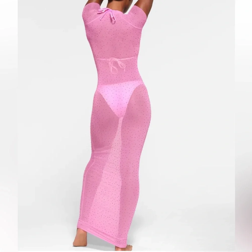 💖SKIMS MESH RHINESTONE SWIM LONG DRESS COVER UP TAFFY XXS - Picture 5 of 8